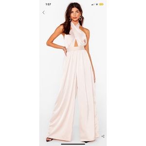 Satin halter neck wide leg jumpsuit